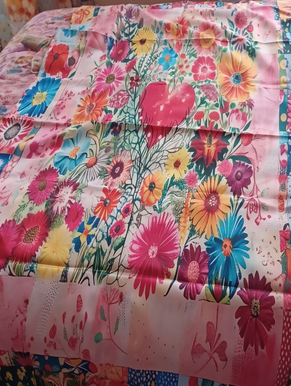 Boho Vibrant Floral Heart Curtain Panel in Pink, Blue, Yellow